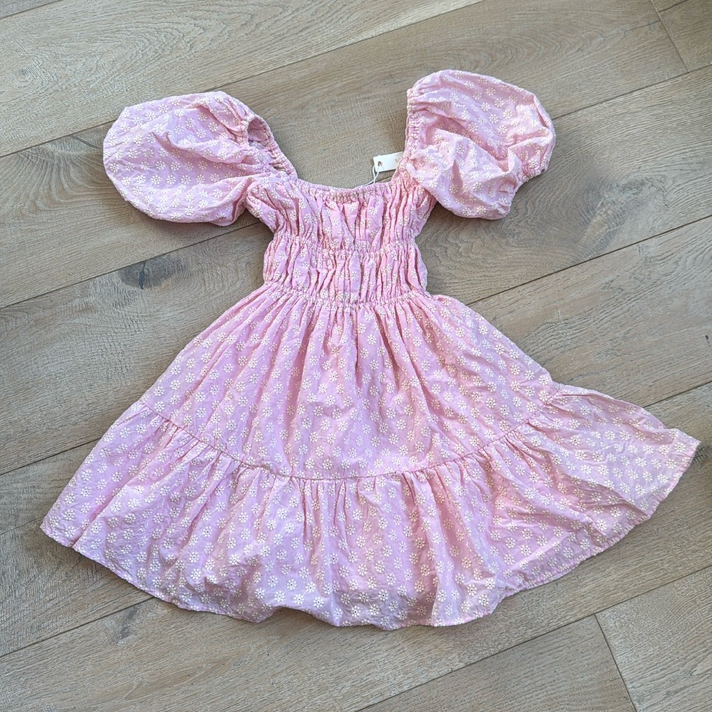 NEW WITH TAGS pink embroidered dress with pouf sleeves and petticoat lining. Med